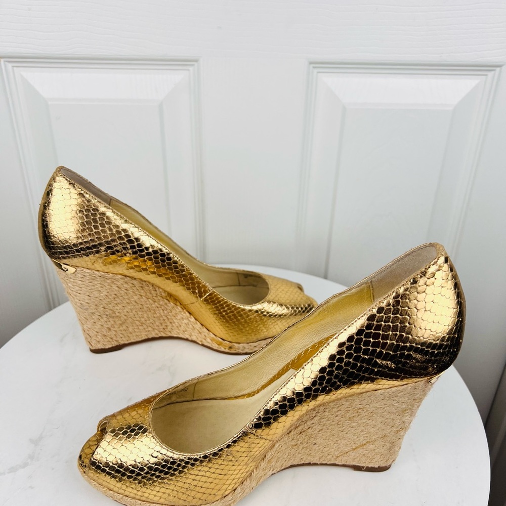 MICHAEL KORS Gold Leather Espadrille Wedge Slip On Peep Toes Pumps Shoes - Picture 3 of 11